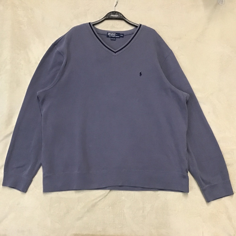 Polo Sweater Vintage 2XL Ralph Lauren Pima Cotton Pullover Blue V-Neck